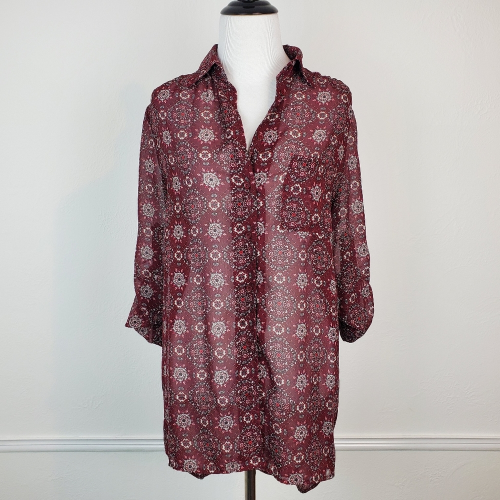 Band of Gypsies Top Blouse Floral Long Oversized Sheer Button Burgundy Boho